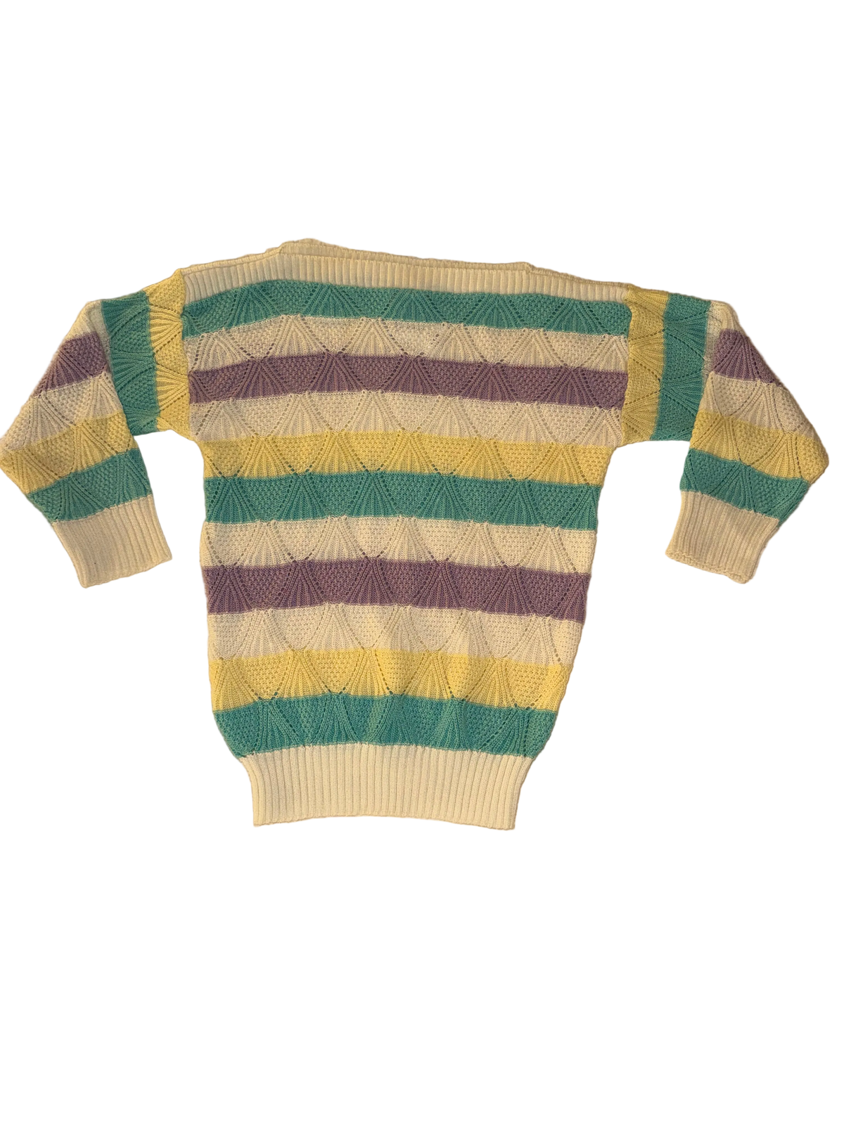Vintage Grandma Sweater with Purple Teal and Yellow Stripes