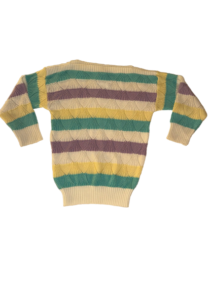Vintage Grandma Sweater with Purple Teal and Yellow Stripes