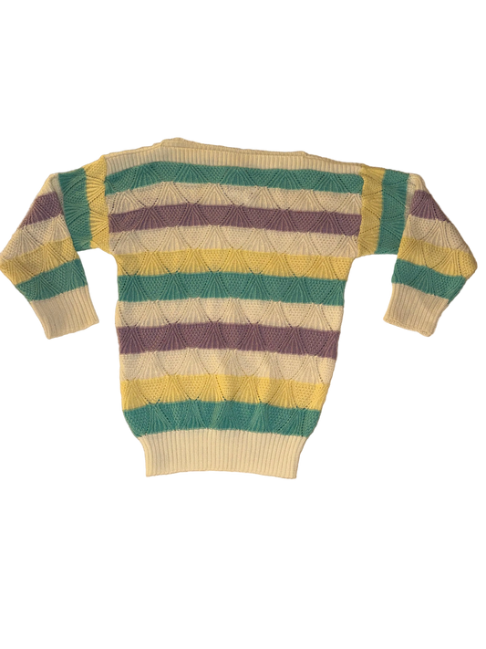 Vintage Grandma Sweater with Purple Teal and Yellow Stripes