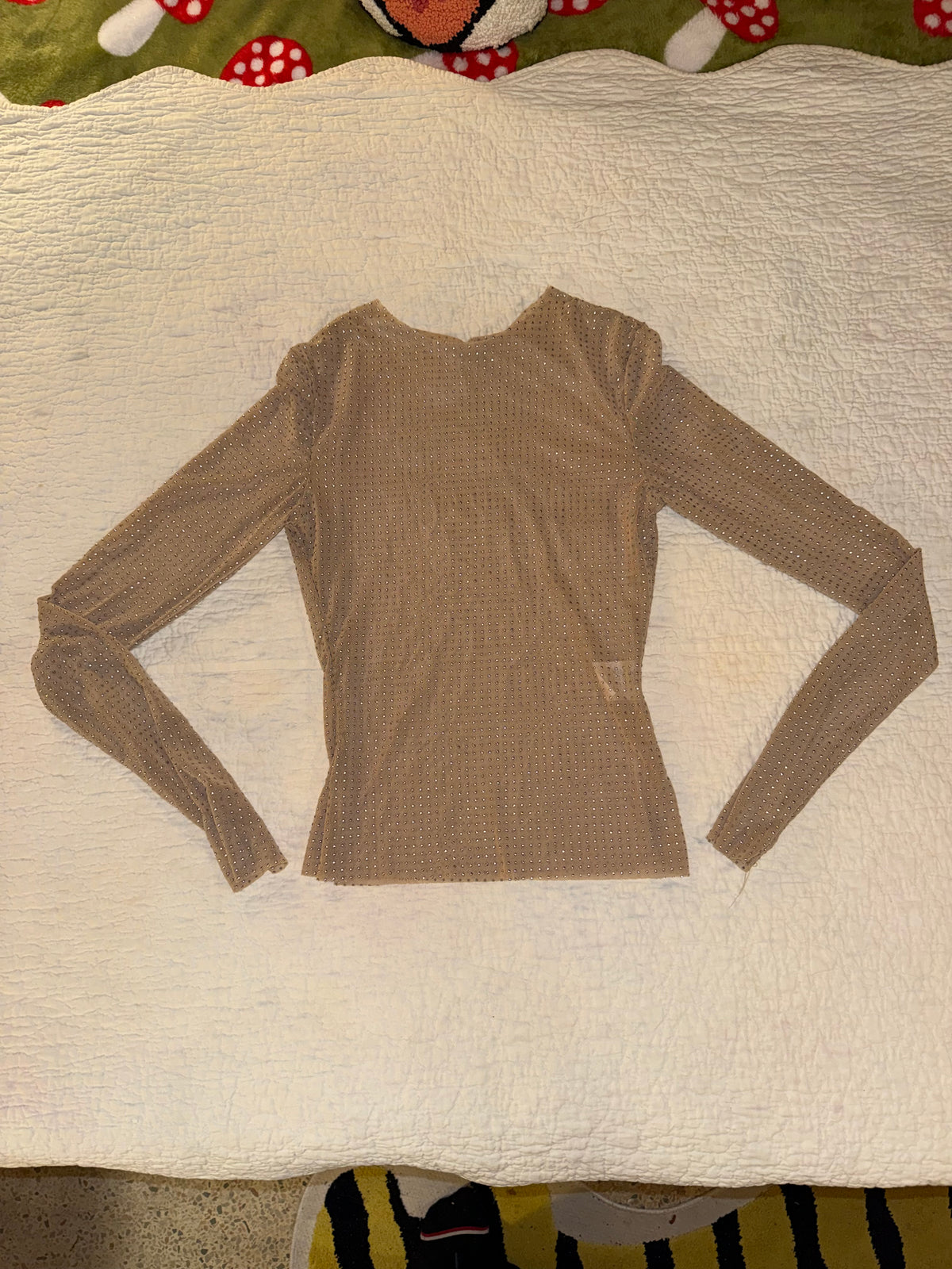 Rhinestone Studded Sheer Beige Mesh Top