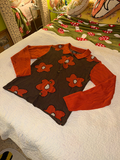Super Massive - Orange and Brown Collared Flower Button Up Cardigan Sweater