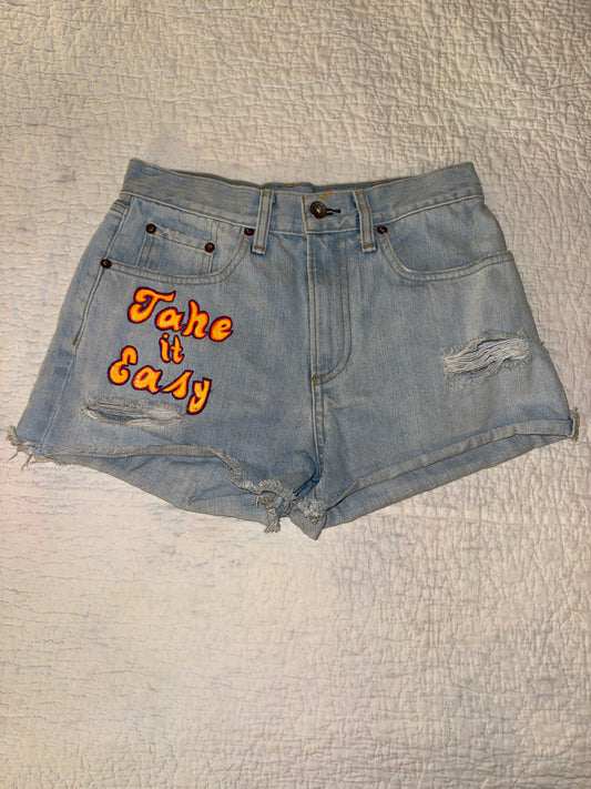 Rag & Bone New York - Denim Custom Painted “Take it Easy” Hippie Jean Shorts with Radiant Sun on Back