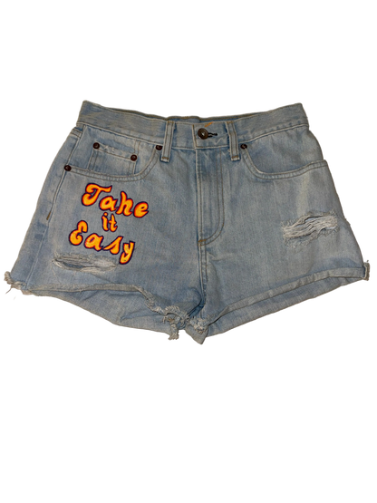 Rag & Bone New York - Denim Custom Painted “Take it Easy” Hippie Jean Shorts with Radiant Sun on Back