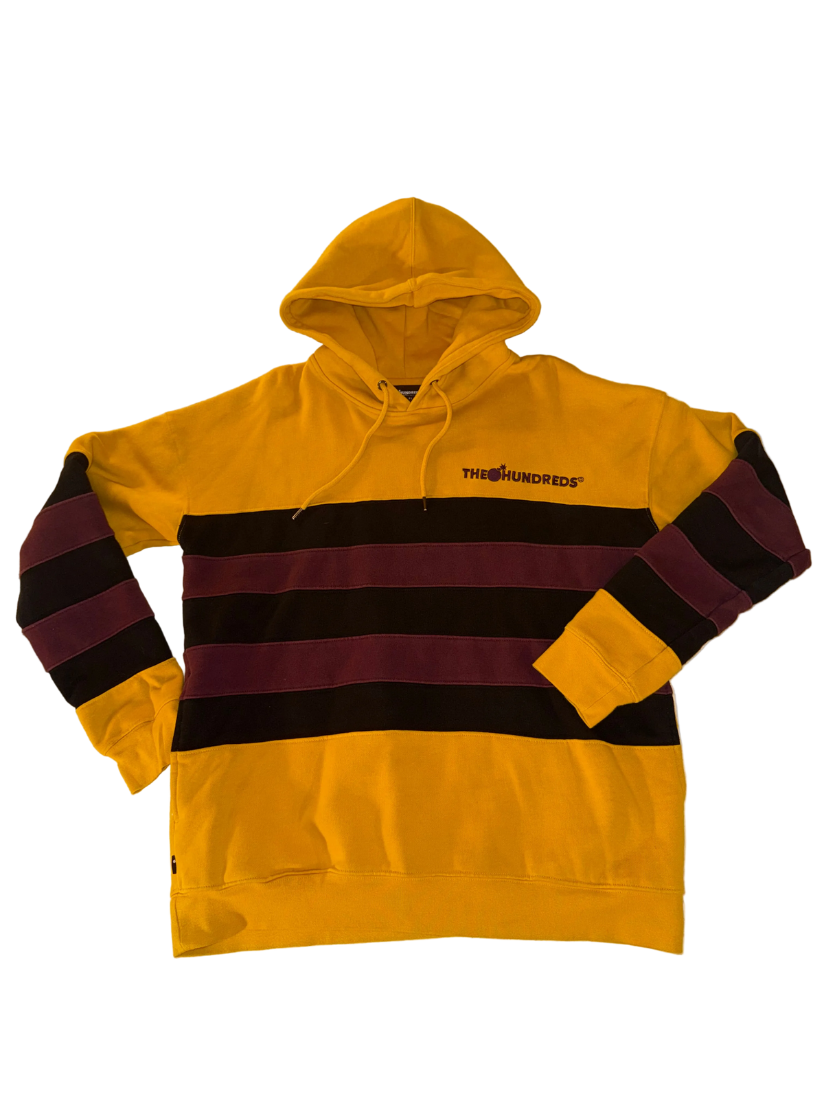 The Hundreds - Yellow Striped Embroidered Sweatshirt Hoodie with Burgundy and Brown Stripes