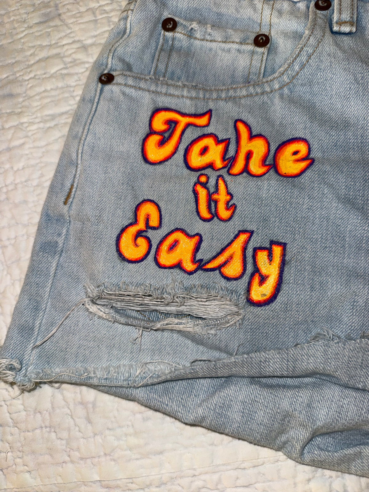 Rag & Bone New York - Denim Custom Painted “Take it Easy” Hippie Jean Shorts with Radiant Sun on Back