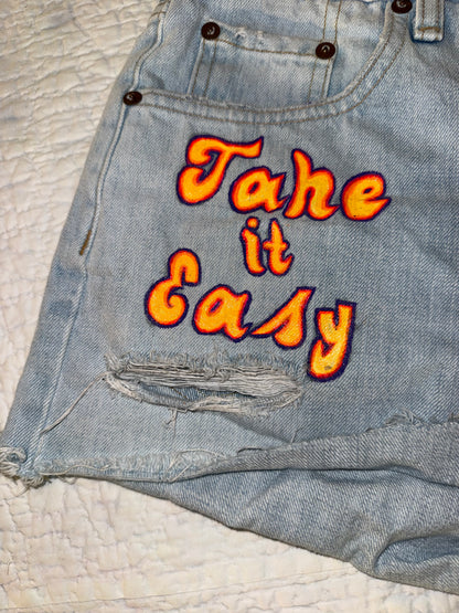 Rag & Bone New York - Denim Custom Painted “Take it Easy” Hippie Jean Shorts with Radiant Sun on Back