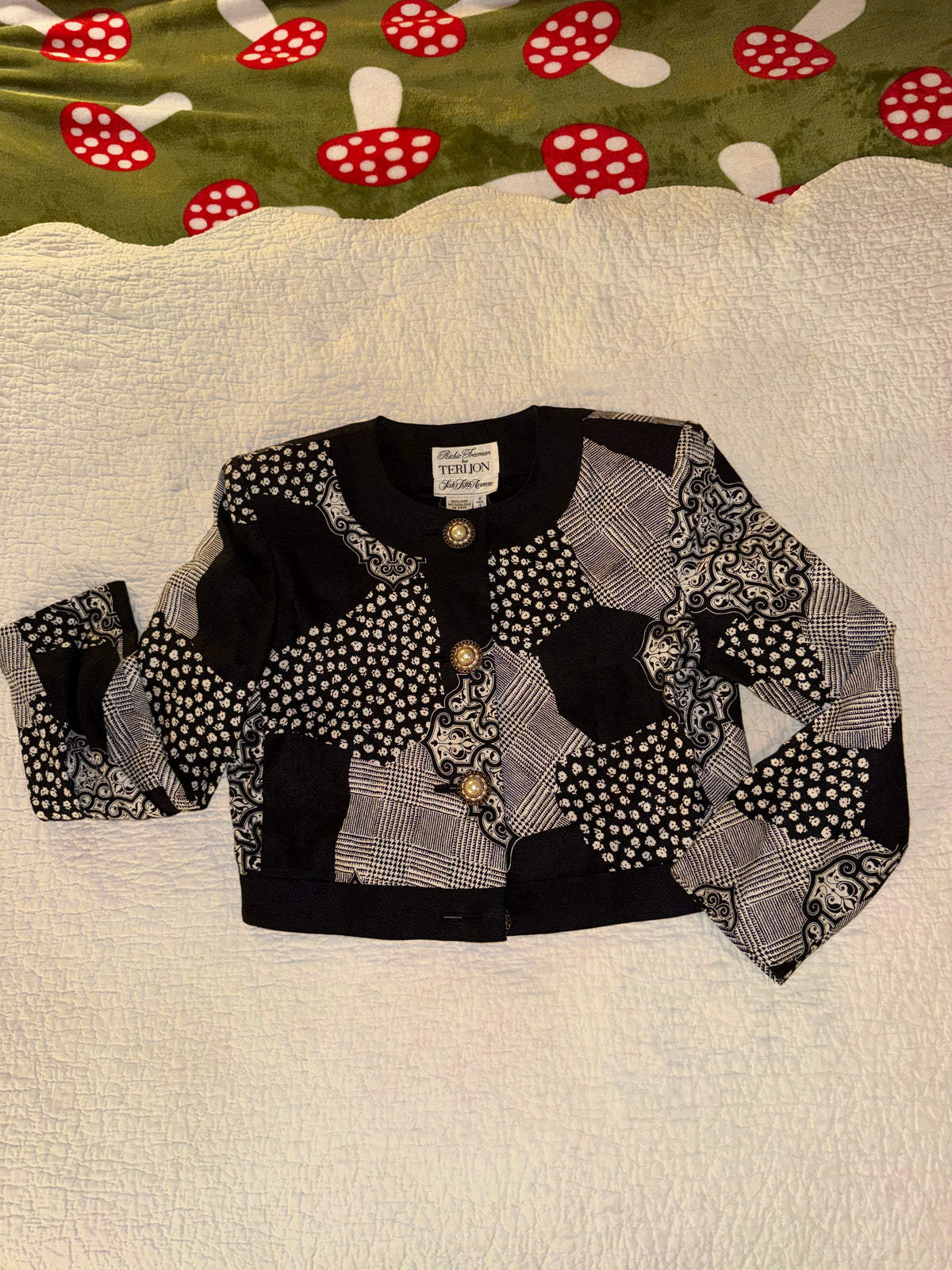 Rickie Freeman for Teri Jon - Black and White Patchwork Evening Jacket - 100% Linen - Saks Fifth Avenue