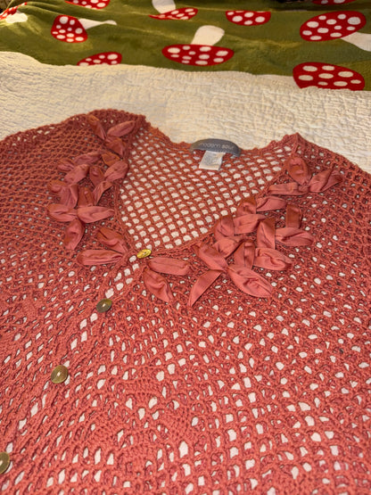 Modern Soul - Coral Ribbon and Crochet Cardigan Sweater