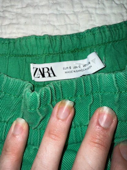 Zara - Washed Green Denim High Waist Short Shorts