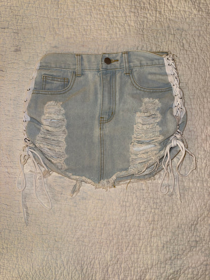 36Point5 - Distressed Bleach Wash Denim Skirt with Side Bow Ties