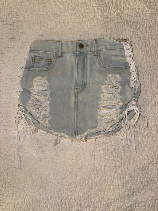 36Point5 - Distressed Bleach Wash Denim Skirt with Side Bow Ties