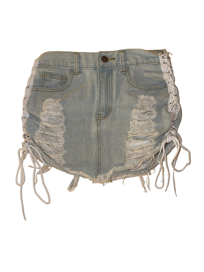 36Point5 - Distressed Bleach Wash Denim Skirt with Side Bow Ties