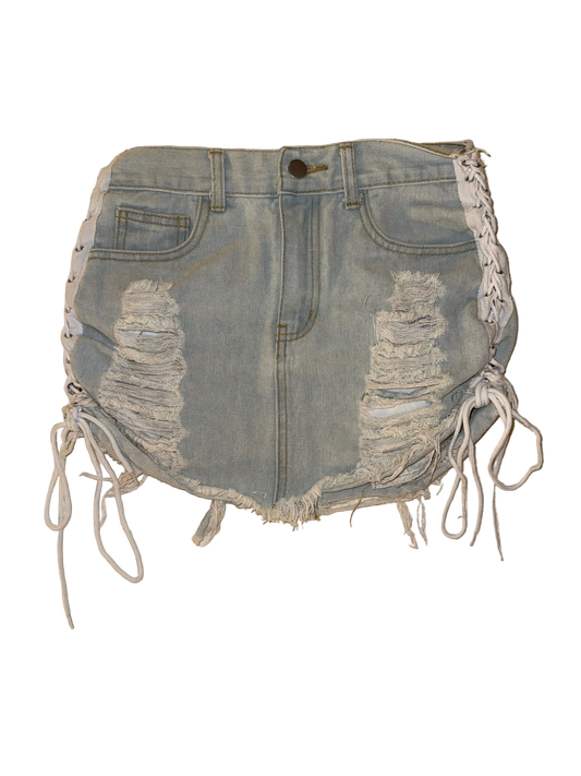 36Point5 - Distressed Bleach Wash Denim Skirt with Side Bow Ties