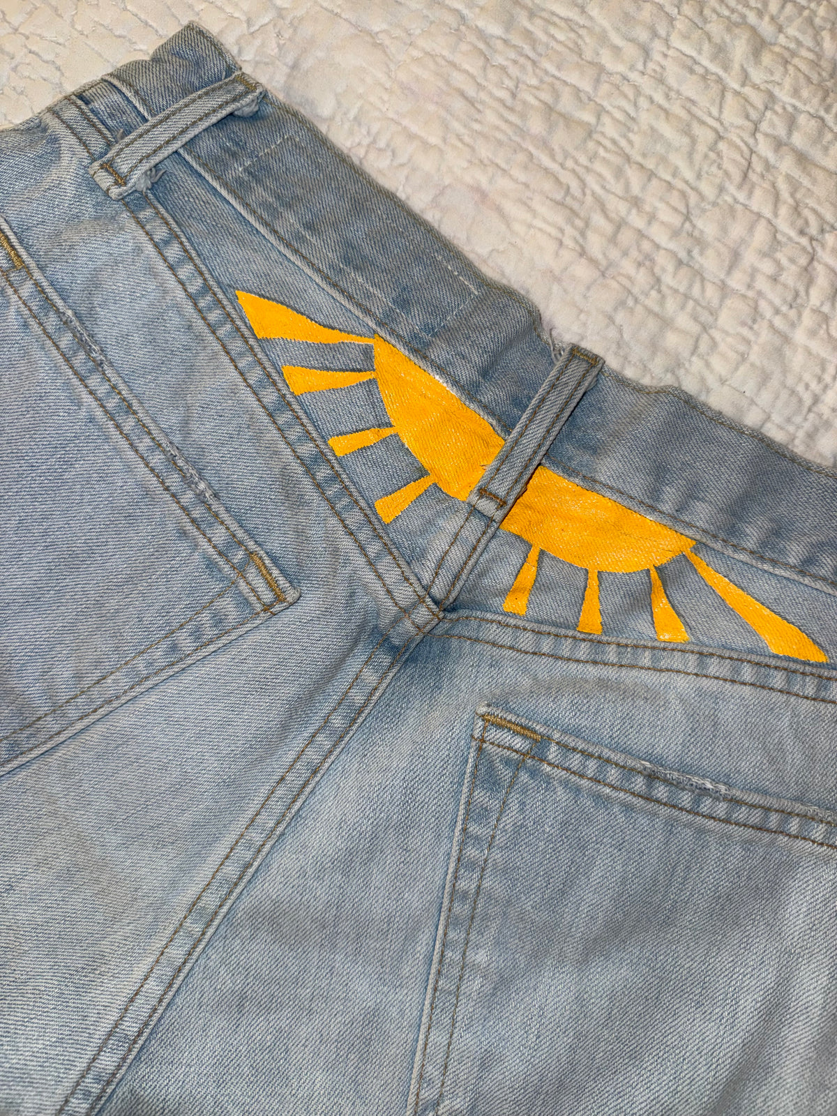 Rag & Bone New York - Denim Custom Painted “Take it Easy” Hippie Jean Shorts with Radiant Sun on Back