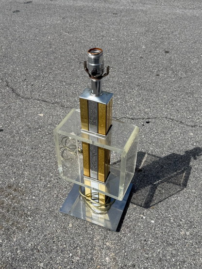 midcentury modern 1970s - 1980s Lucite lamp w/ brass & chrome accents