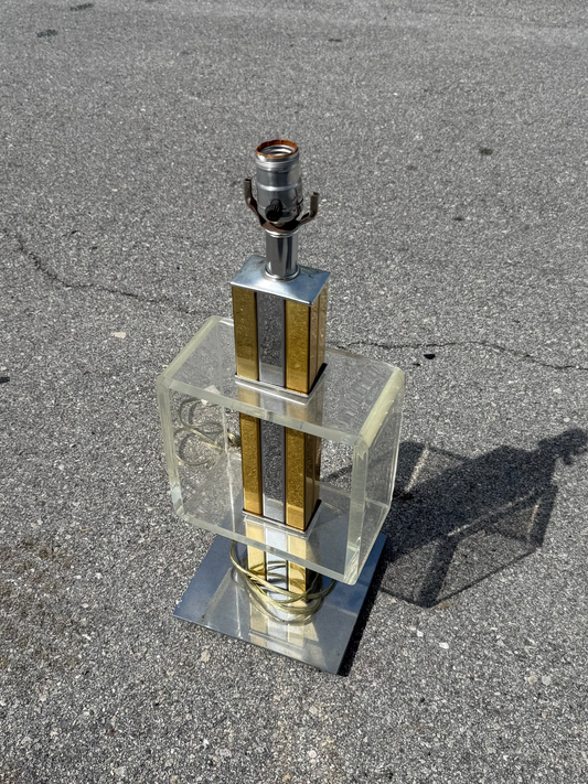 midcentury modern 1970s - 1980s Lucite lamp w/ brass & chrome accents