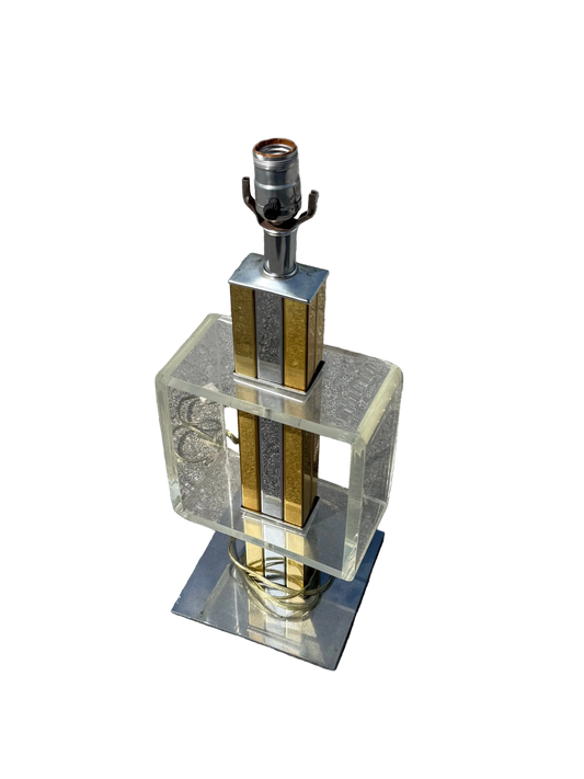 midcentury modern 1970s - 1980s Lucite lamp w/ brass & chrome accents