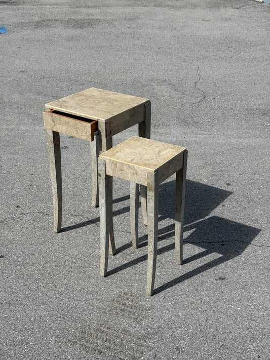 Midcentury Modern pair of travertine marble cloaked nesting side tables