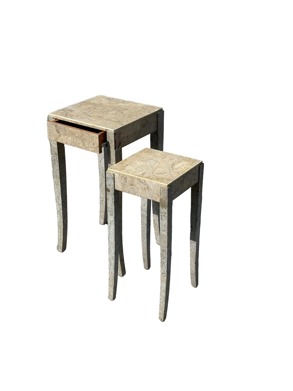 Midcentury Modern pair of travertine marble cloaked nesting side tables