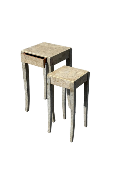 Midcentury Modern pair of travertine marble cloaked nesting side tables