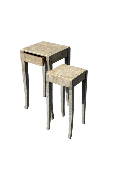 Midcentury Modern pair of travertine marble cloaked nesting side tables