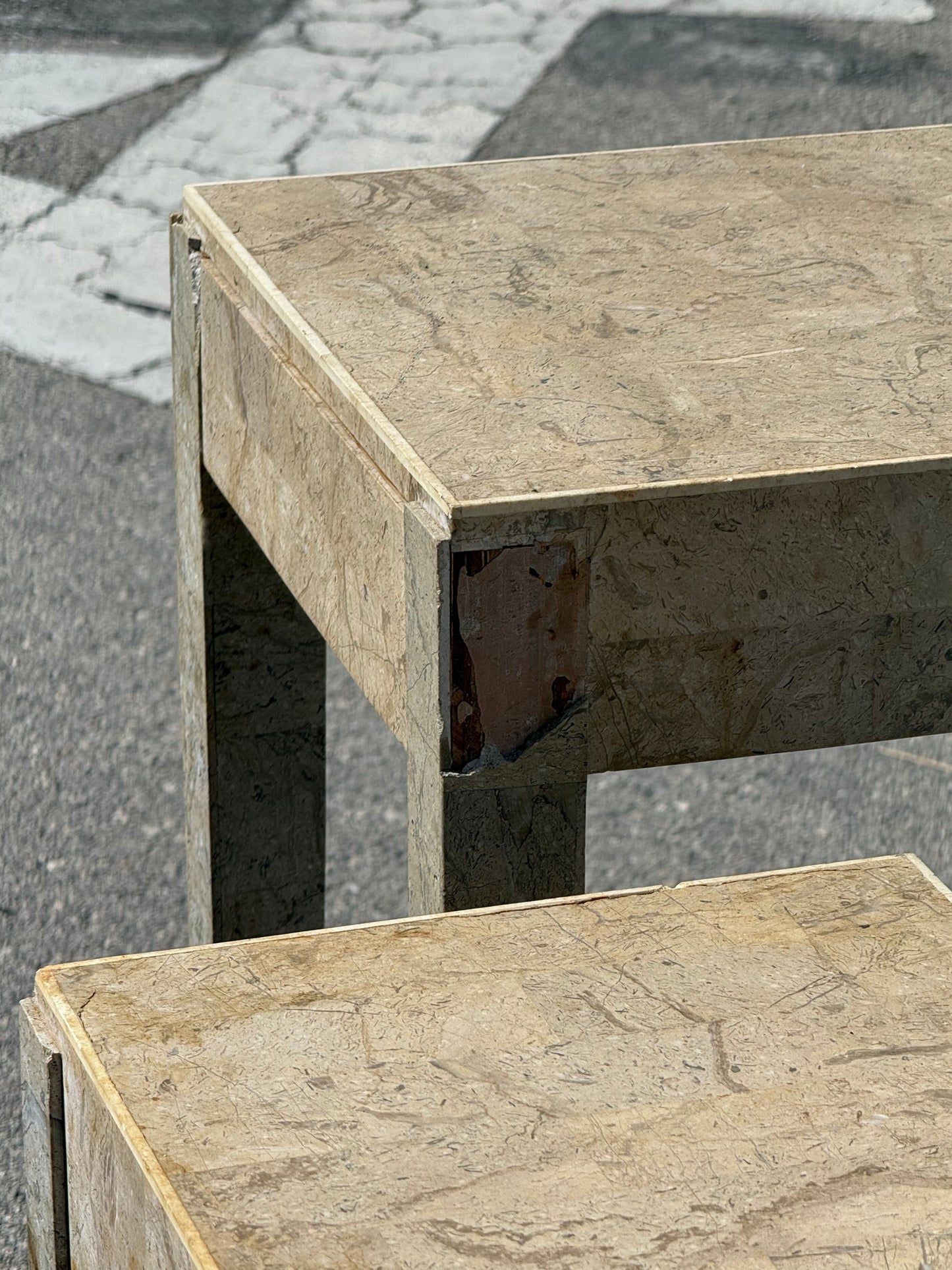 Midcentury Modern pair of travertine marble cloaked nesting side tables