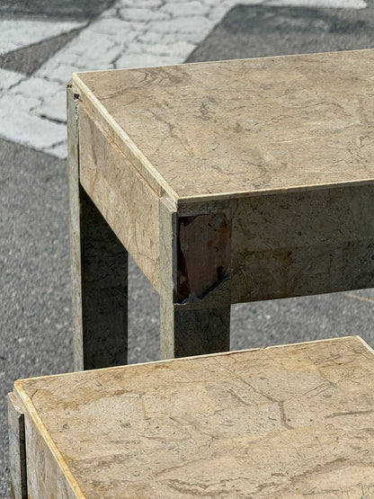 Midcentury Modern pair of travertine marble cloaked nesting side tables