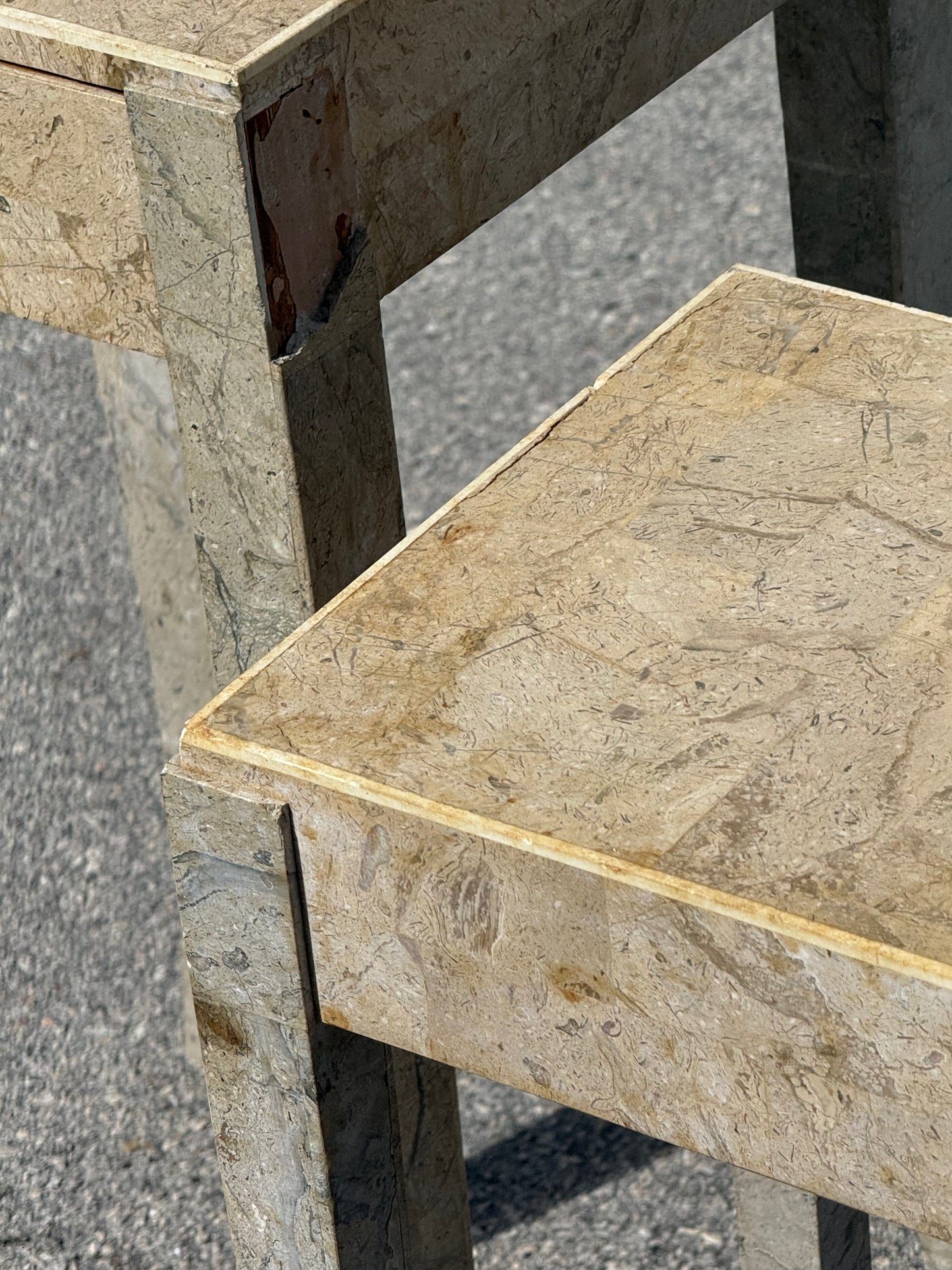 Midcentury Modern pair of travertine marble cloaked nesting side tables