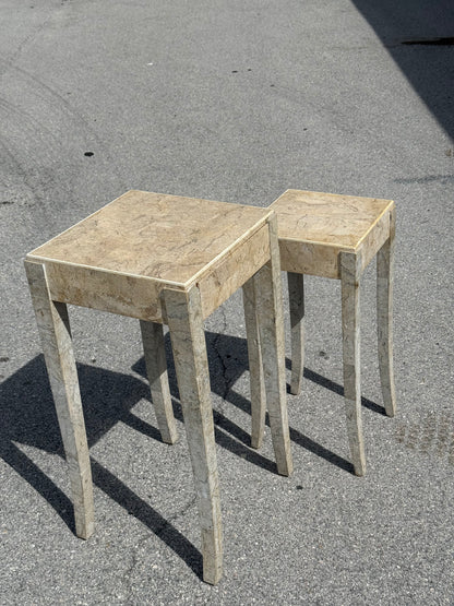 Midcentury Modern pair of travertine marble cloaked nesting side tables