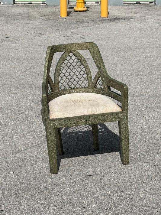 Vintage Jali fretwork metal clad Byzantine style chair / Hollywood Regency chair
