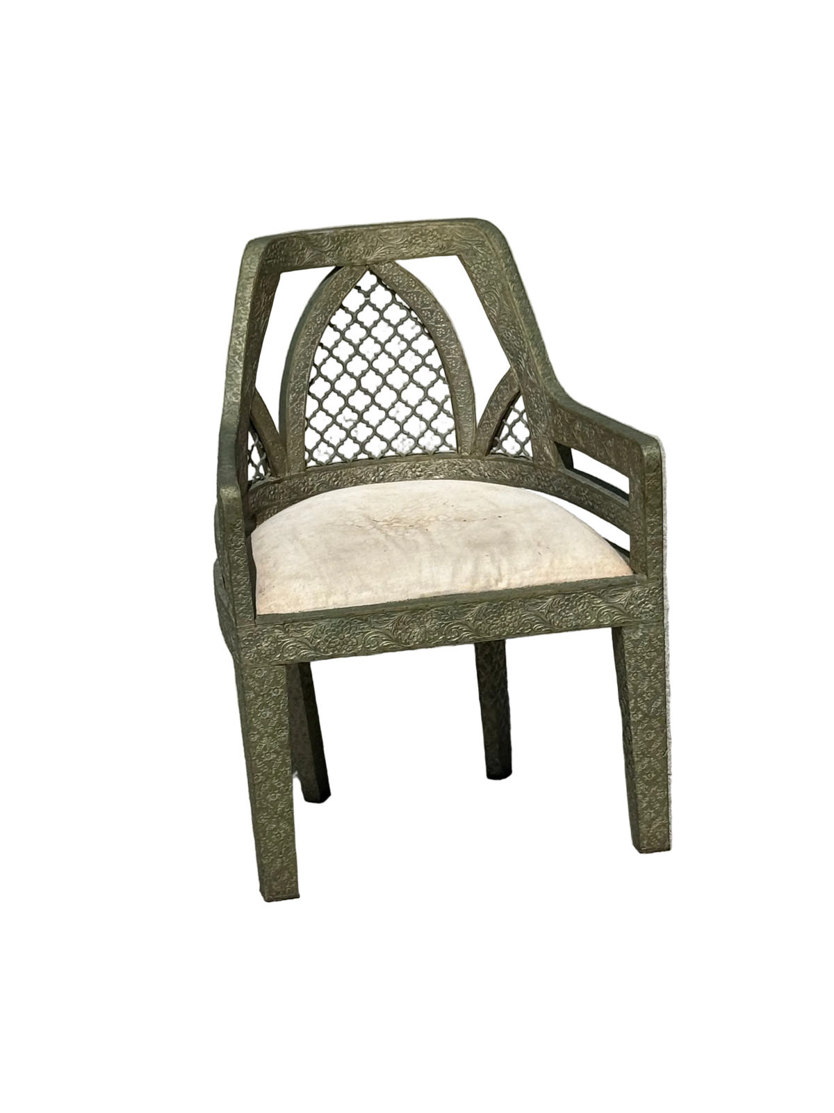 Vintage Jali fretwork metal clad Byzantine style chair / Hollywood Regency chair
