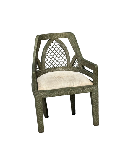 Vintage Jali fretwork metal clad Byzantine style chair / Hollywood Regency chair