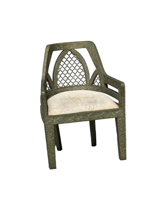 Vintage Jali fretwork metal clad Byzantine style chair / Hollywood Regency chair
