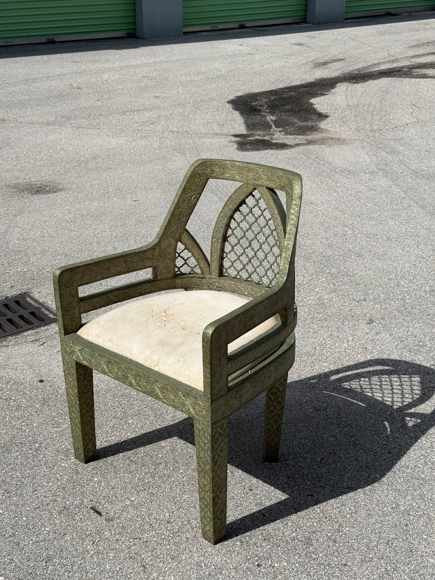 Vintage Jali fretwork metal clad Byzantine style chair / Hollywood Regency chair