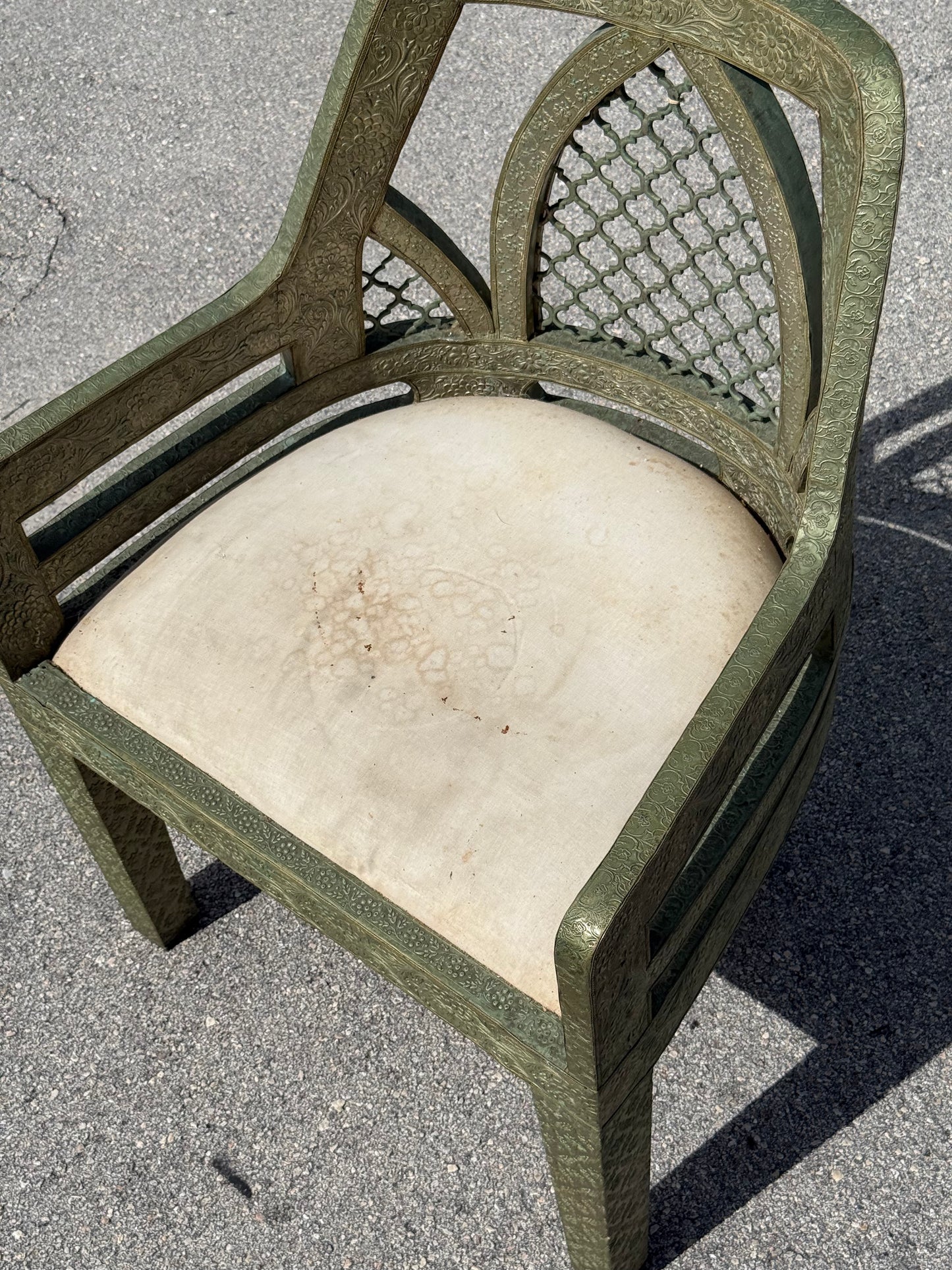 Vintage Jali fretwork metal clad Byzantine style chair / Hollywood Regency chair