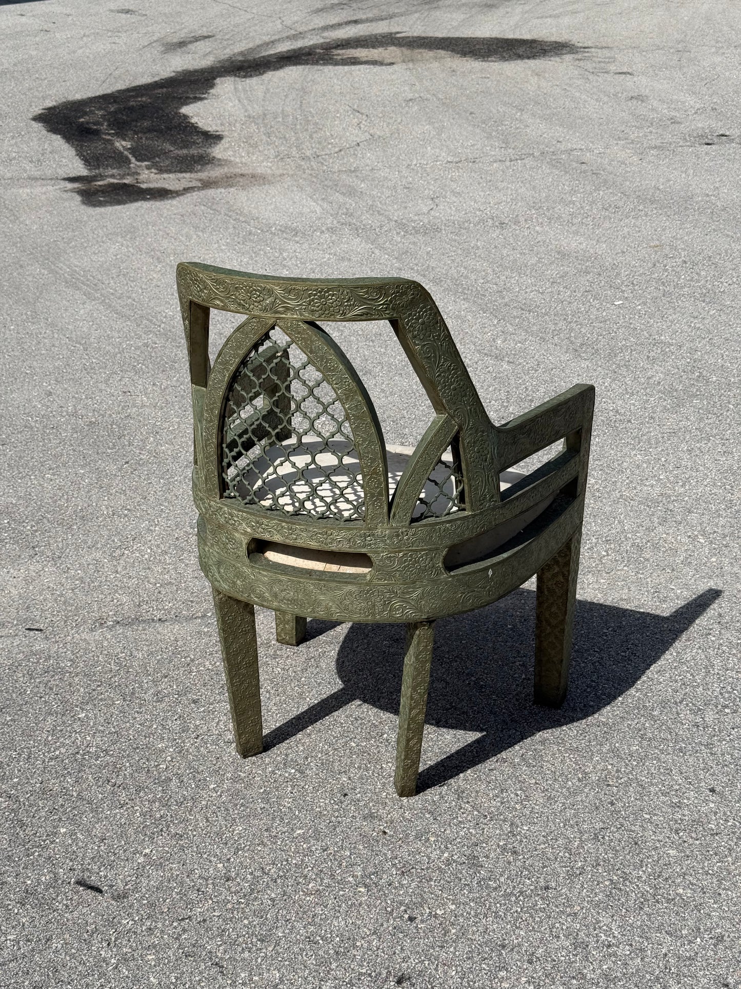 Vintage Jali fretwork metal clad Byzantine style chair / Hollywood Regency chair