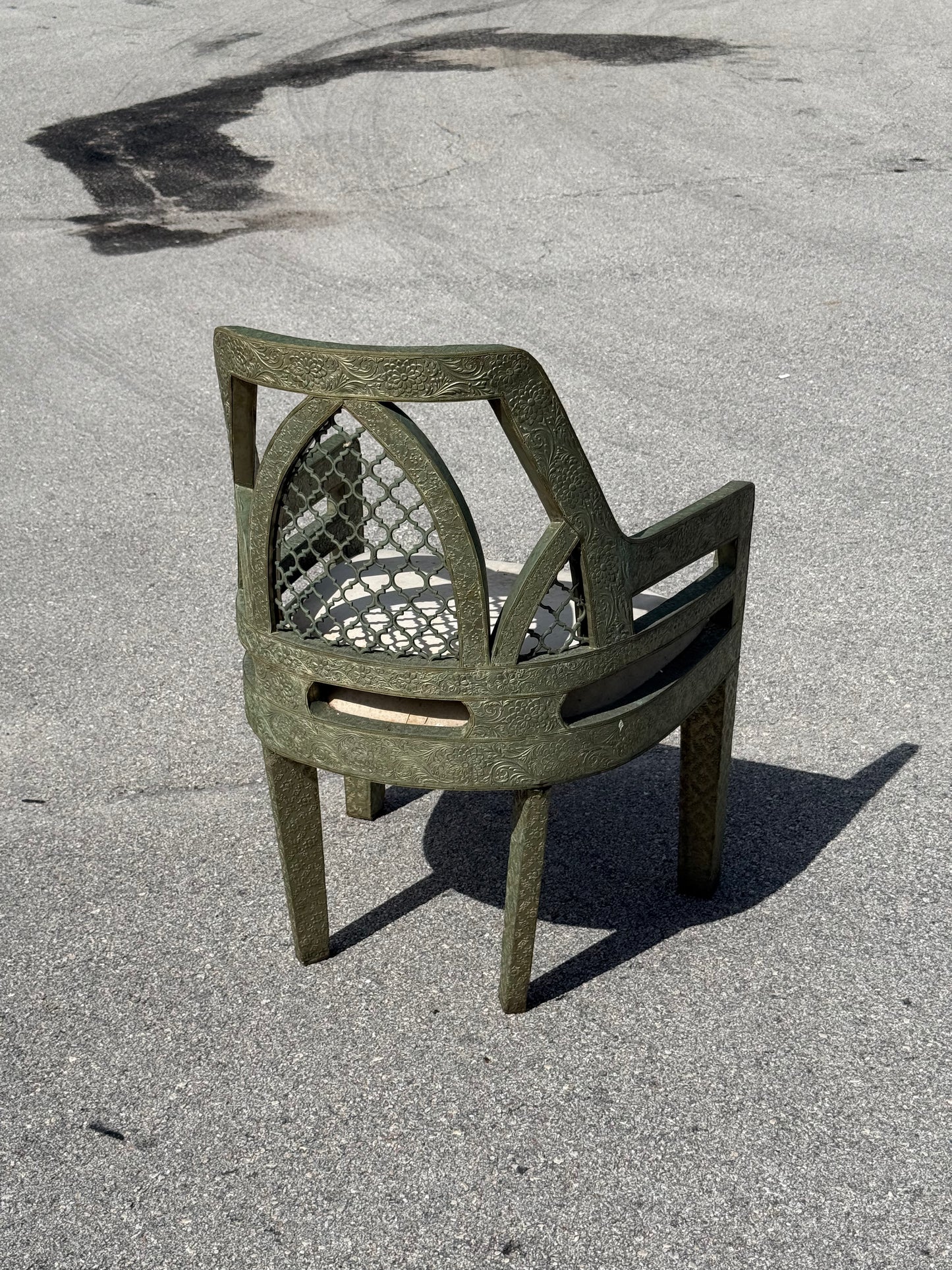 Vintage Jali fretwork metal clad Byzantine style chair / Hollywood Regency chair