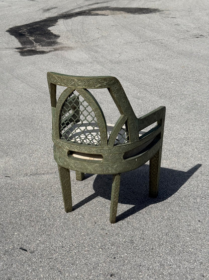 Vintage Jali fretwork metal clad Byzantine style chair / Hollywood Regency chair