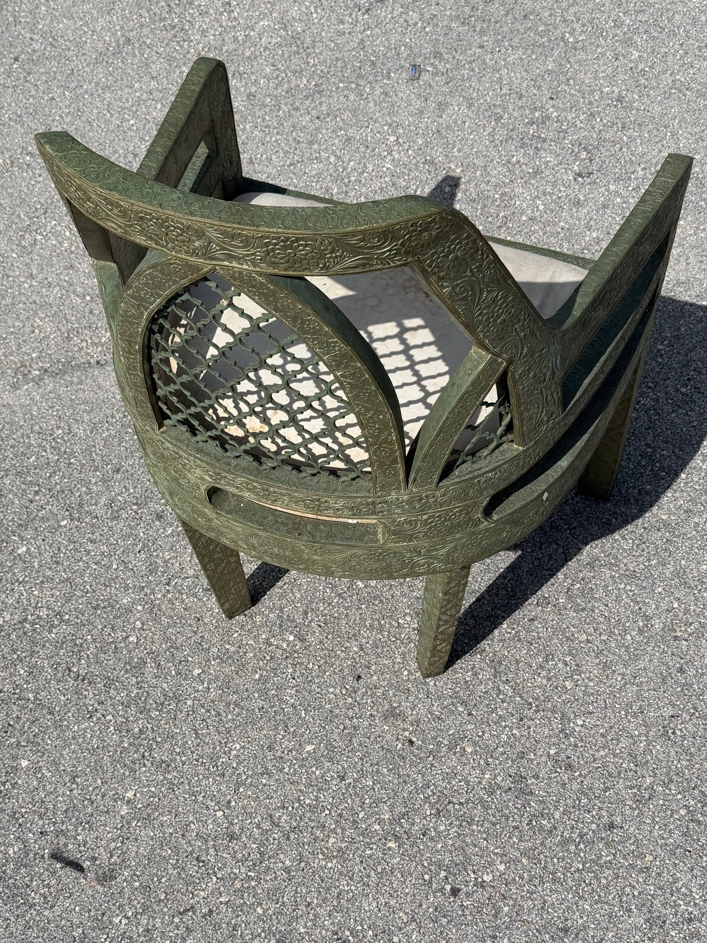 Vintage Jali fretwork metal clad Byzantine style chair / Hollywood Regency chair