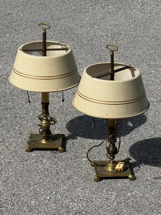 Vintage pair french country brass lamps with original tole painted shades