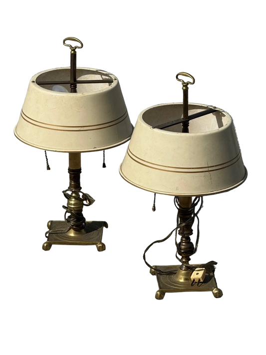Vintage pair french country brass lamps with original tole painted shades