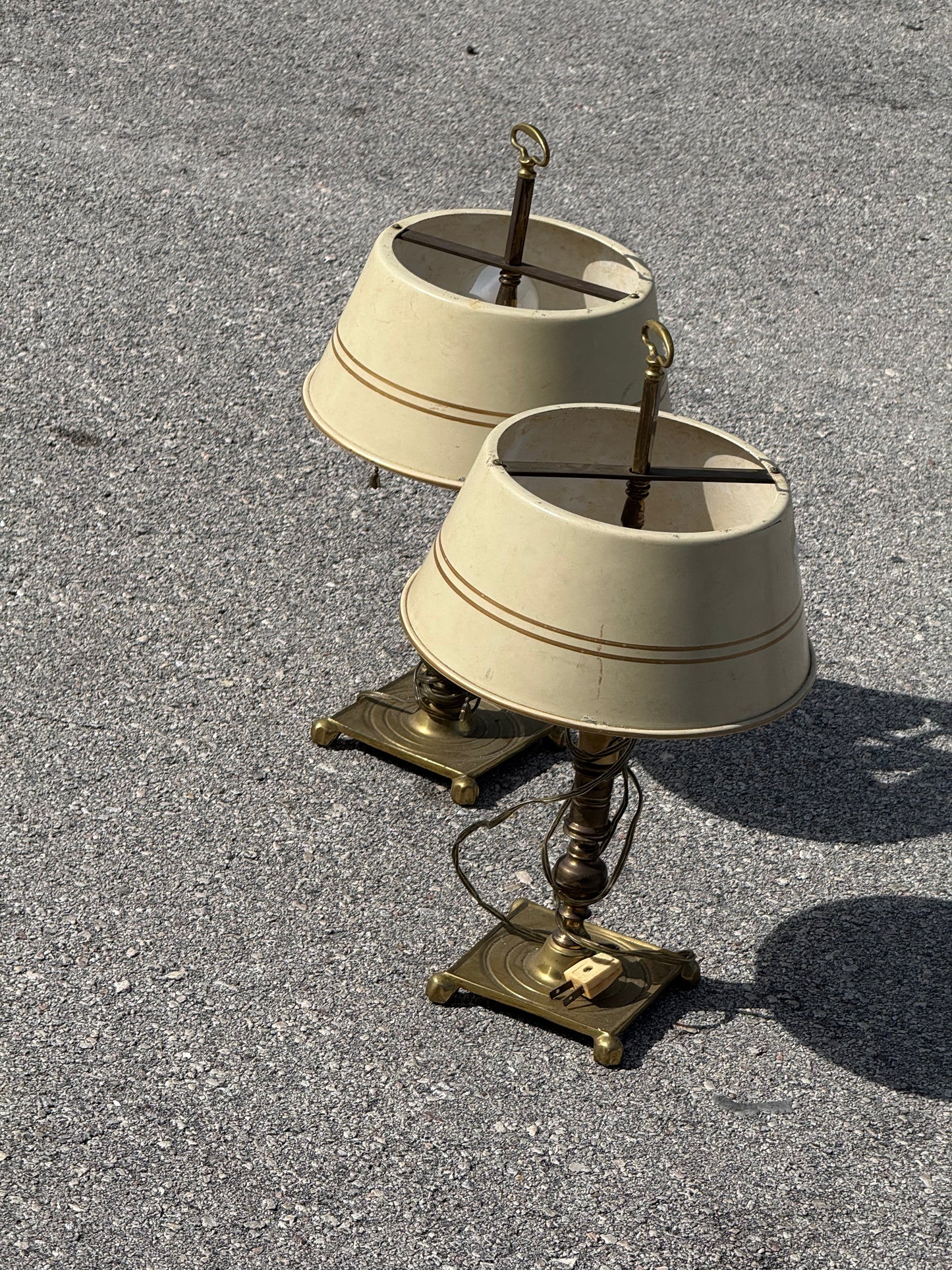 Vintage pair french country brass lamps with original tole painted shades