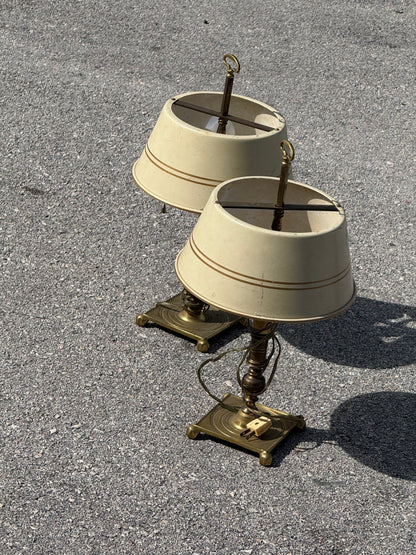 Vintage pair french country brass lamps with original tole painted shades