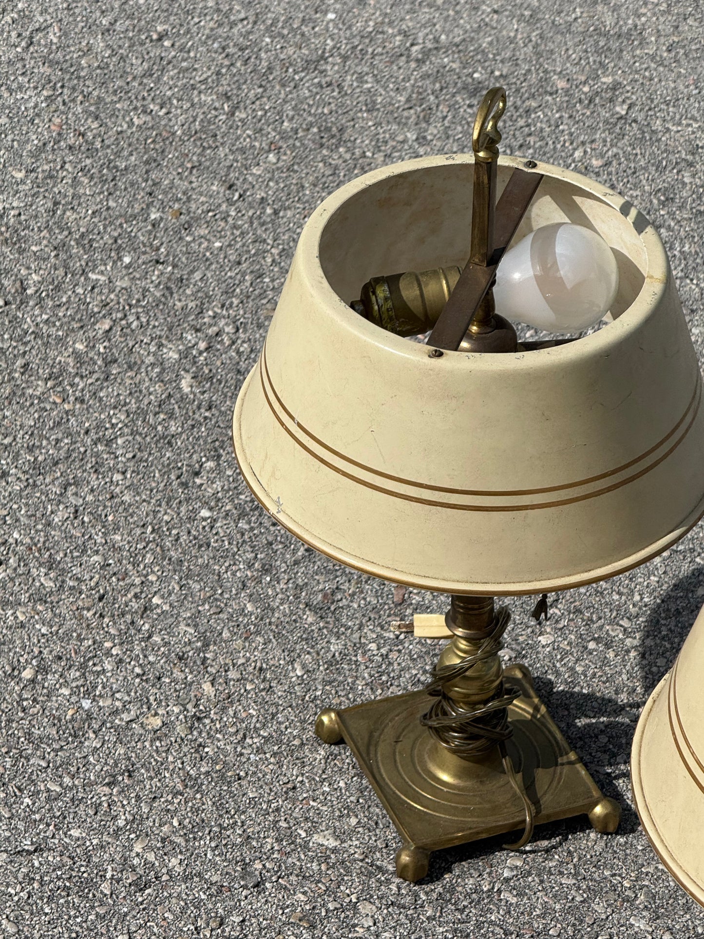 Vintage pair french country brass lamps with original tole painted shades