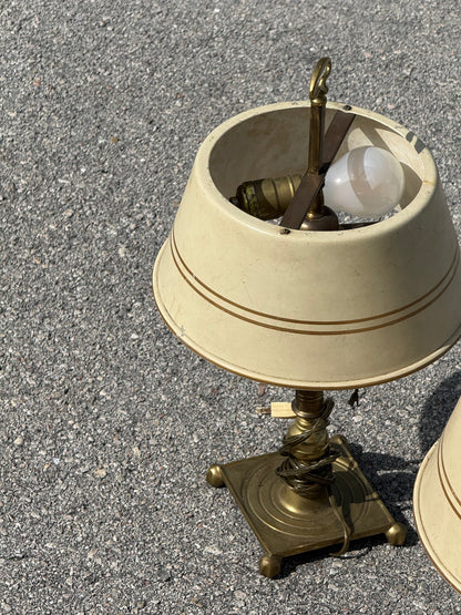 Vintage pair french country brass lamps with original tole painted shades