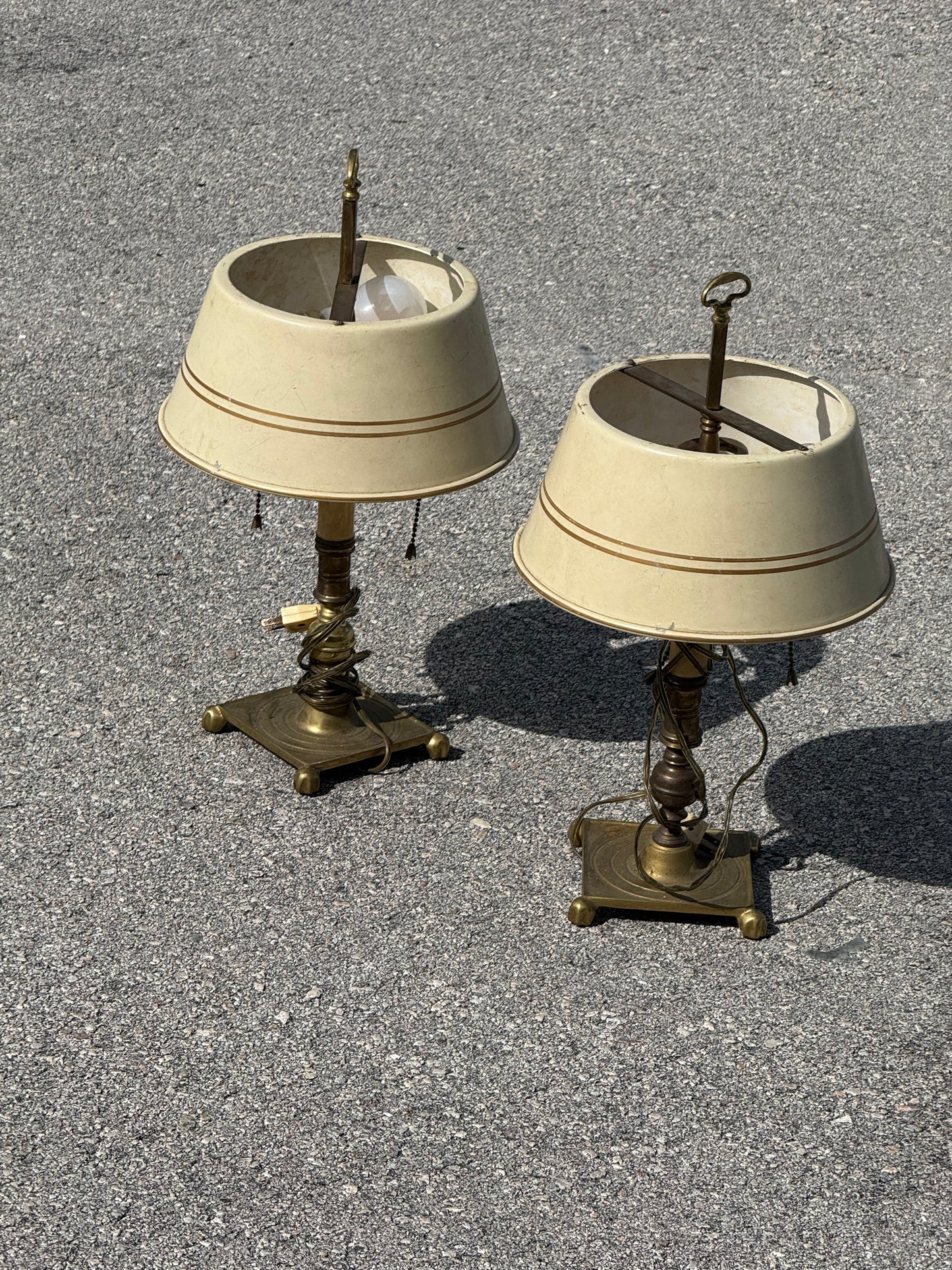 Vintage pair french country brass lamps with original tole painted shades
