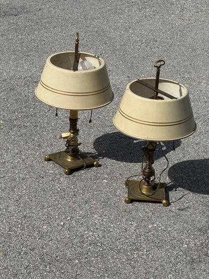Vintage pair french country brass lamps with original tole painted shades