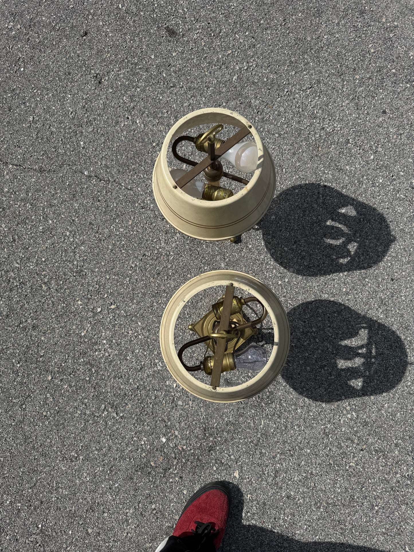 Vintage pair french country brass lamps with original tole painted shades