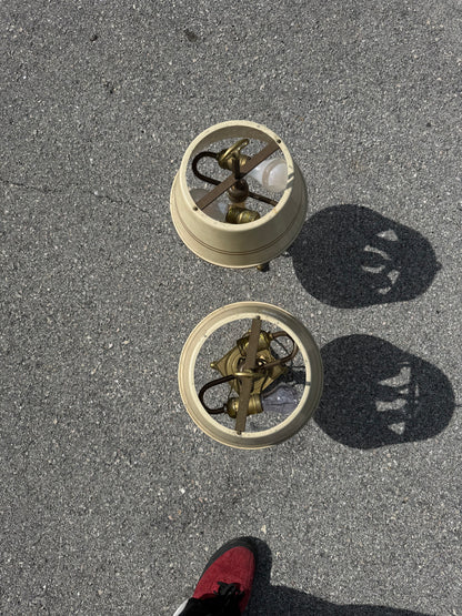 Vintage pair french country brass lamps with original tole painted shades