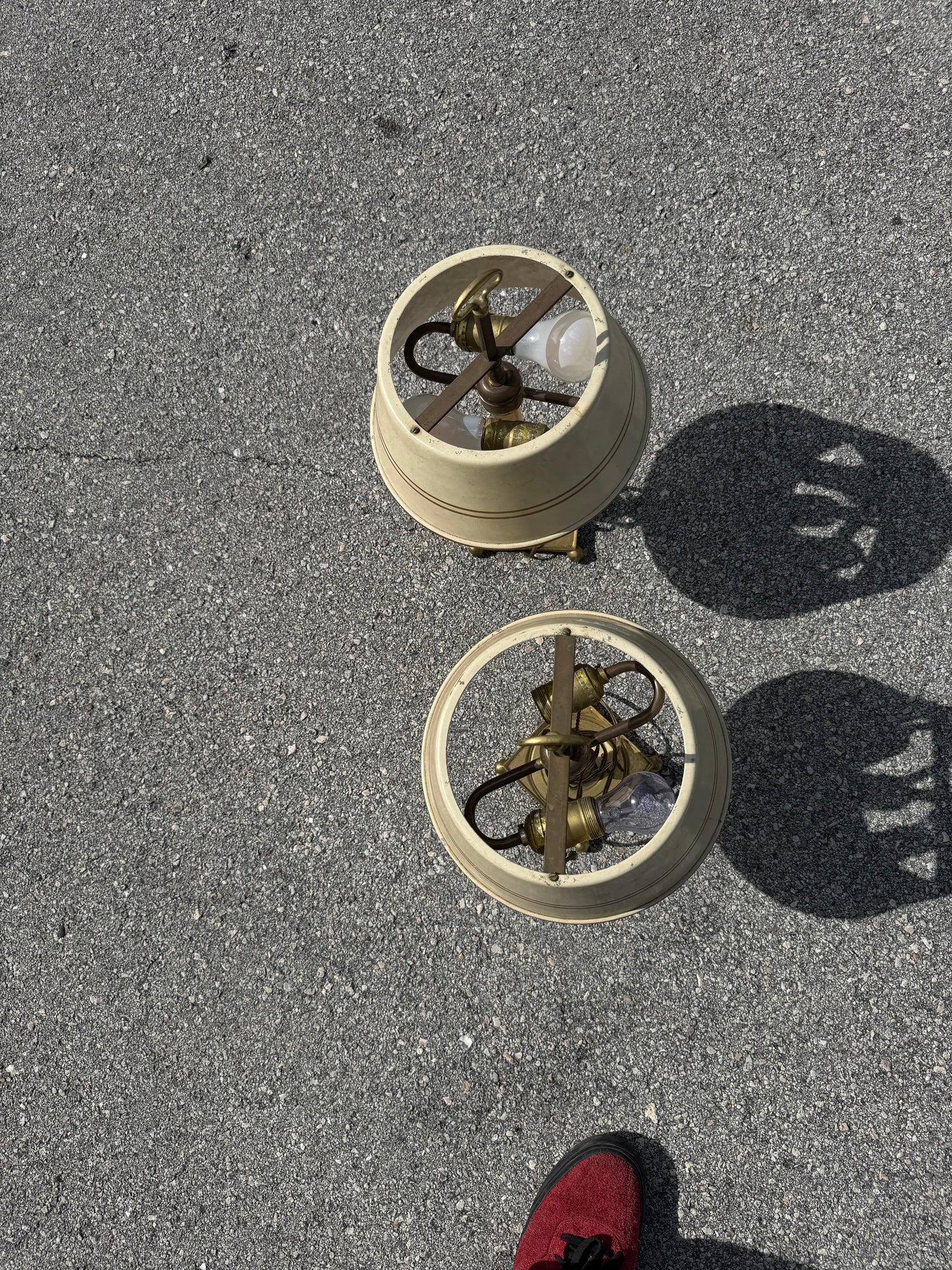 Vintage pair french country brass lamps with original tole painted shades